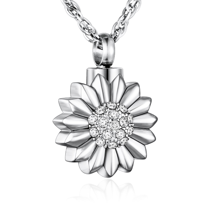 Sunflower Cremation Necklace with White Diamond