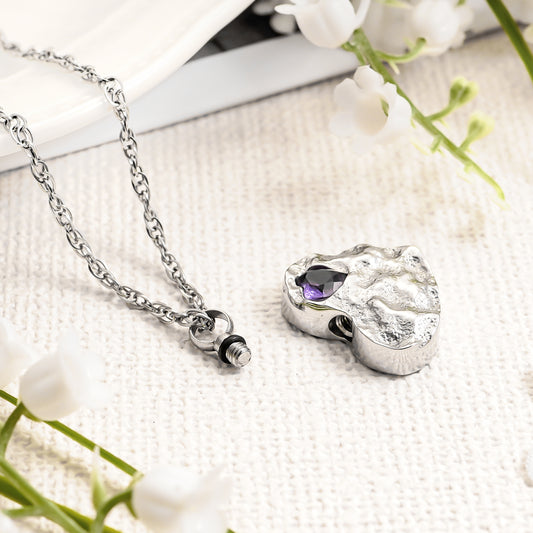 Purple Gem-Adorned Heart Memorial Necklace