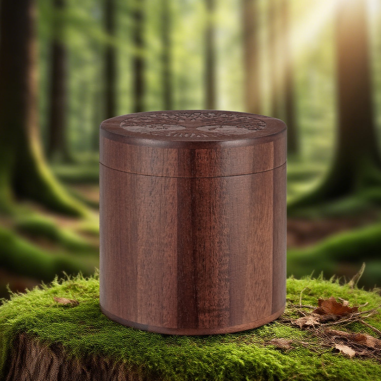 3.94 Inches Wood Urn, Tree of Life Acacia