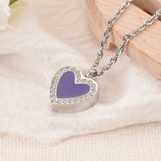 Purple Enamel Rhinestone Heart Memorial Necklace
