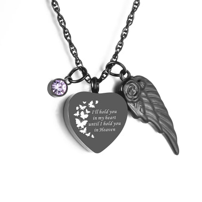 Dark Heart Memorial Necklace with Angel Wing and Crystal