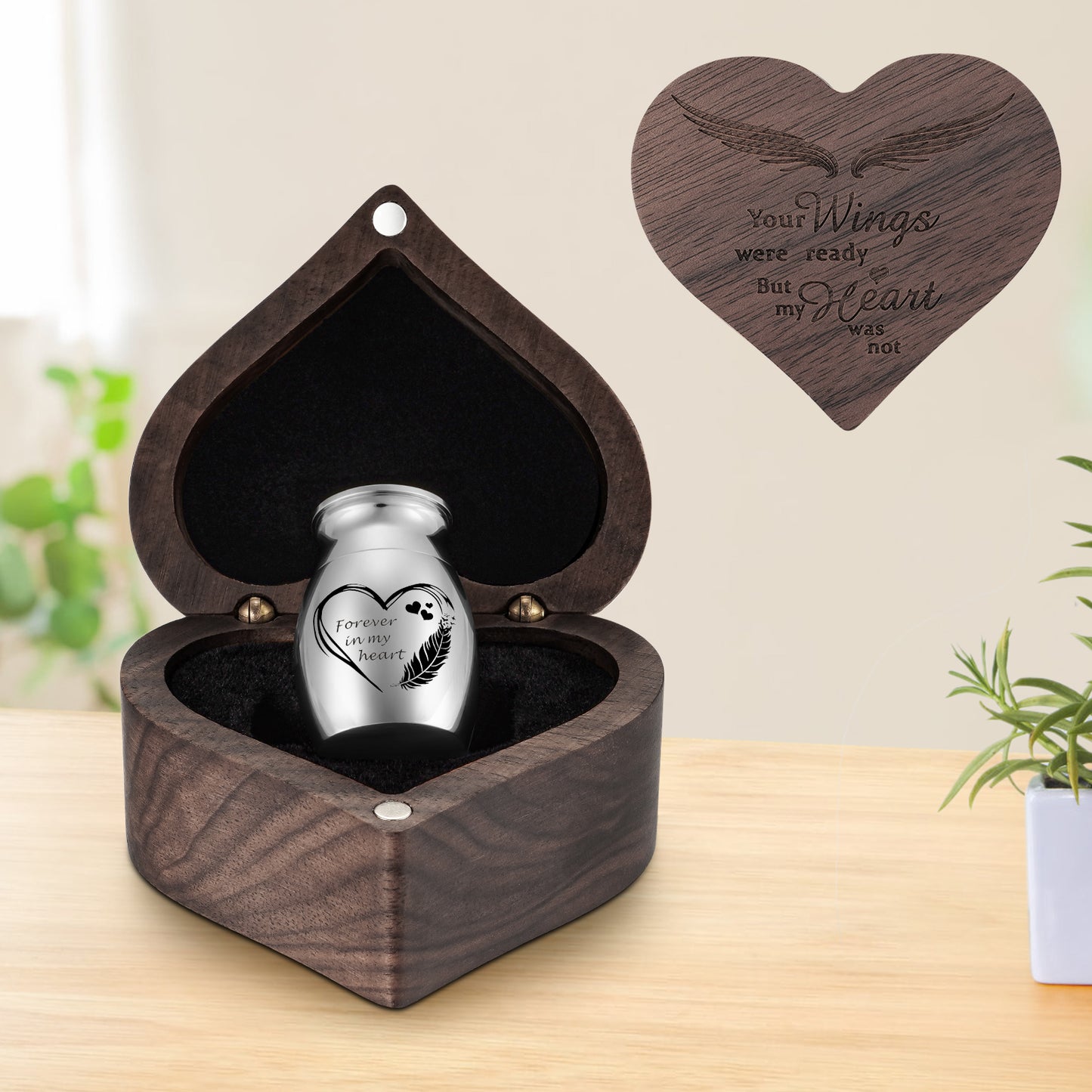 Stainless Steel 1.18in Mini Urn with Wood Heart Box for Ashes Keepsake