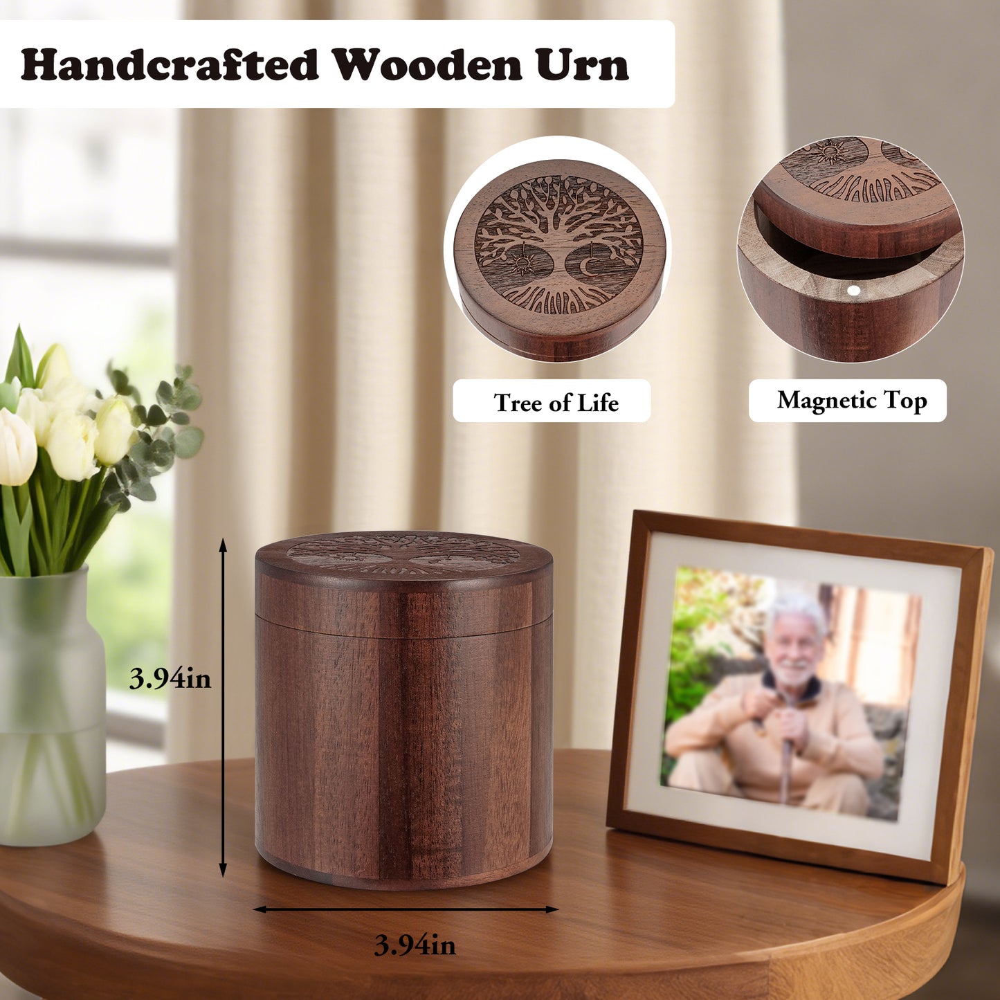 3.94 Inches Wood Urn, Tree of Life Acacia