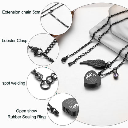 Dark Heart Memorial Necklace with Angel Wing and Crystal