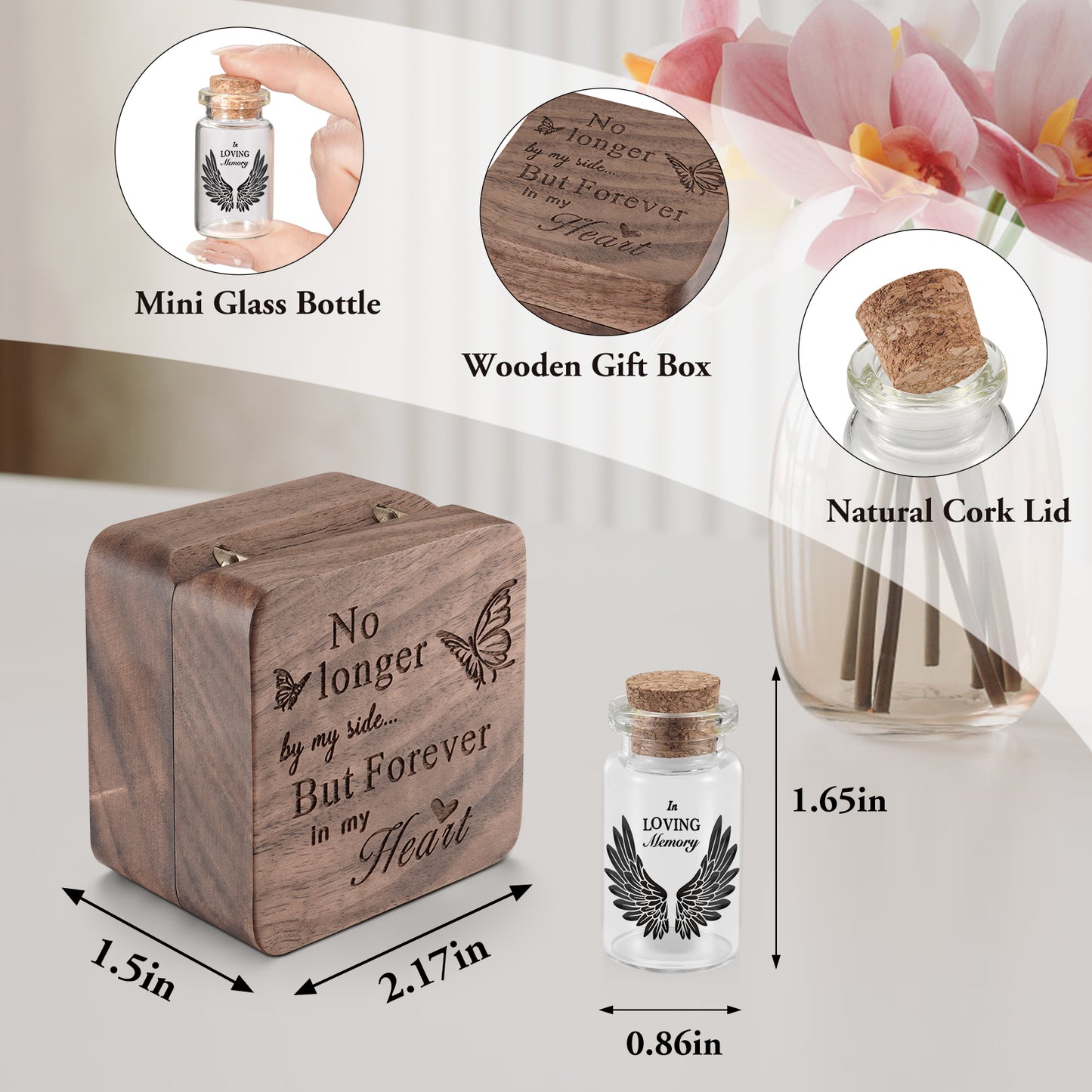 Wooden Box with Small Glass Urn for Ashes
