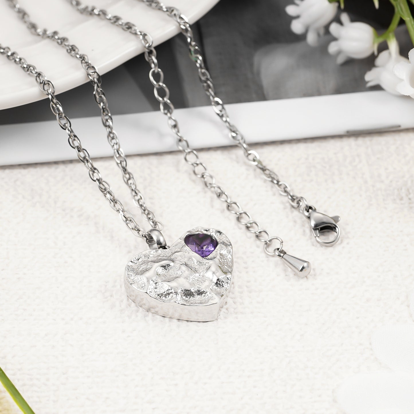 Purple Gem-Adorned Heart Memorial Necklace