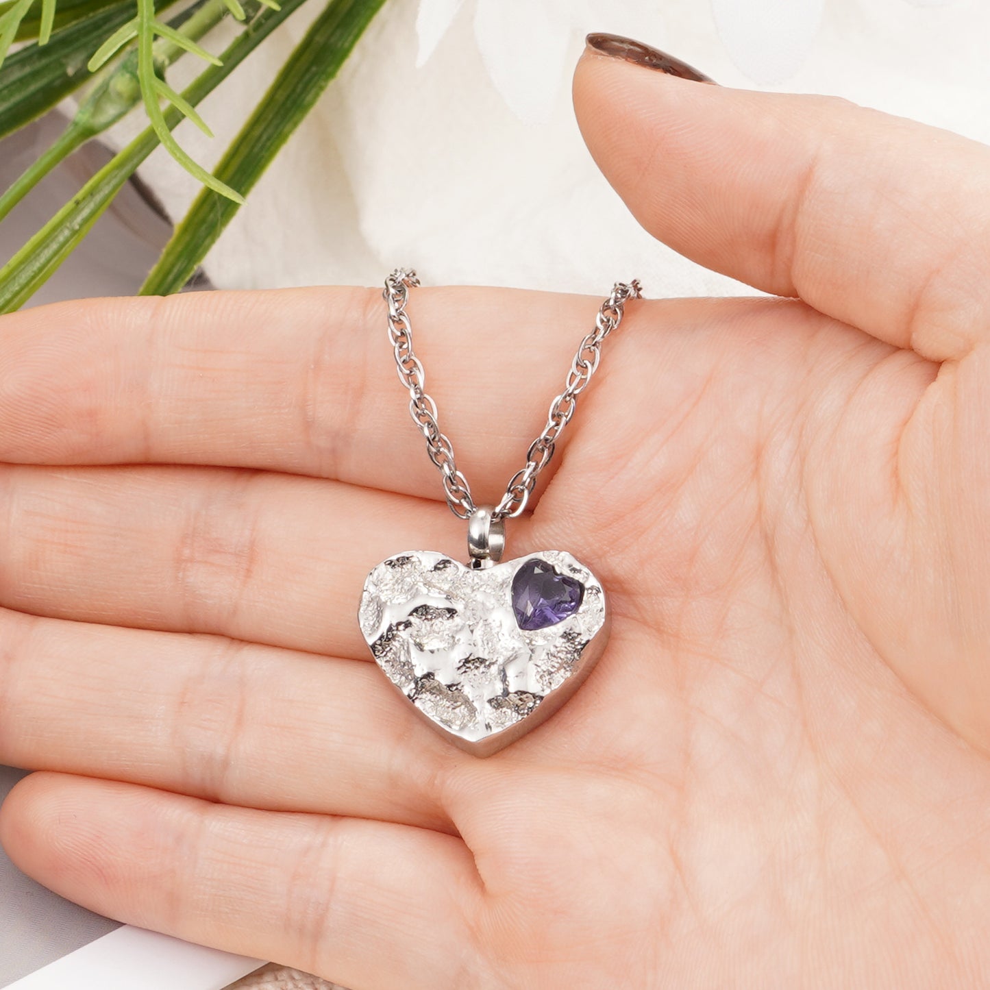 Purple Gem-Adorned Heart Memorial Necklace