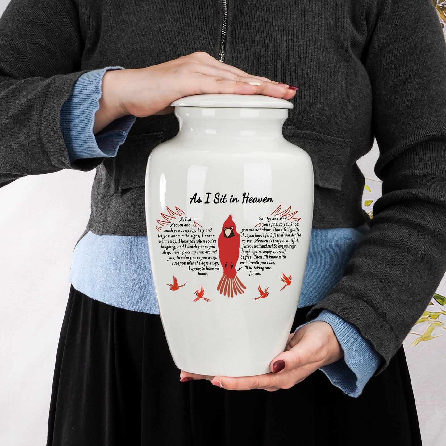 10 Inches Red Bird Cremation Urns for Human Ashes Ceramic Keepsake