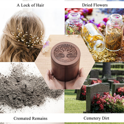 3.94 Inches Wood Urn, Tree of Life Acacia