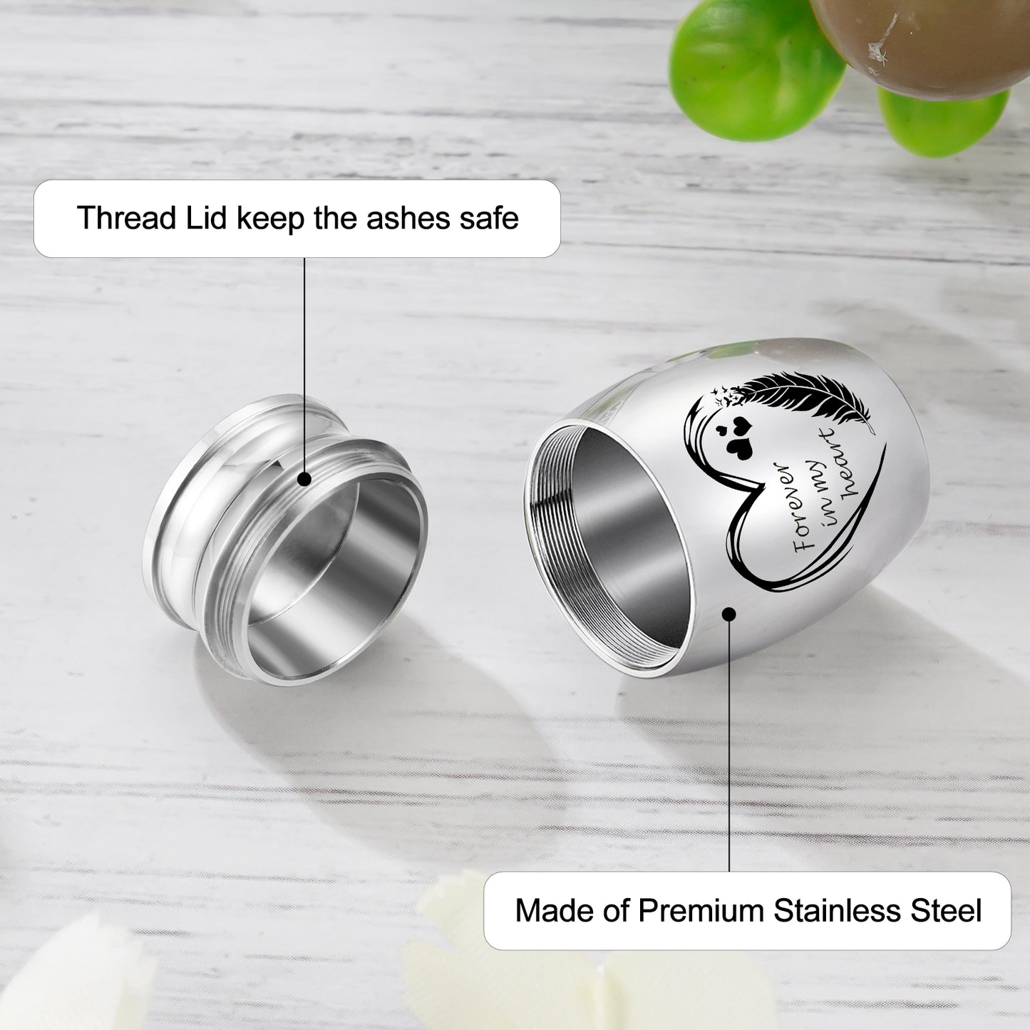 Stainless Steel 1.18in Mini Urn with Wood Heart Box for Ashes Keepsake