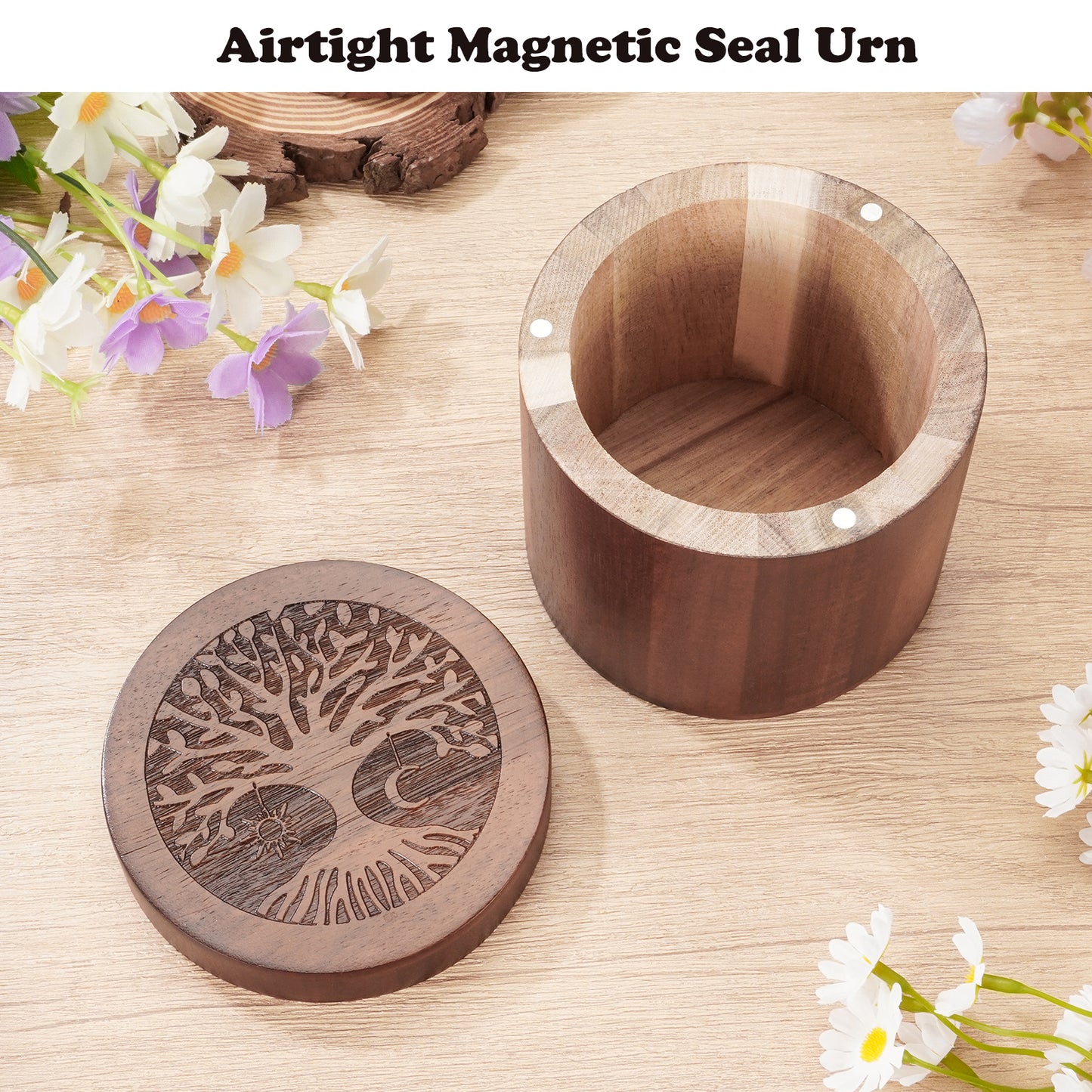 3.94 Inches Wood Urn, Tree of Life Acacia