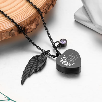 Dark Heart Memorial Necklace with Angel Wing and Crystal