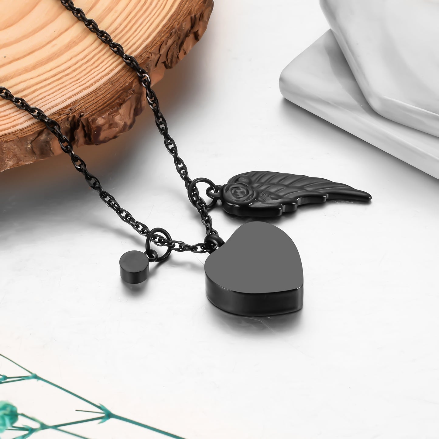 Dark Heart Memorial Necklace with Angel Wing and Crystal