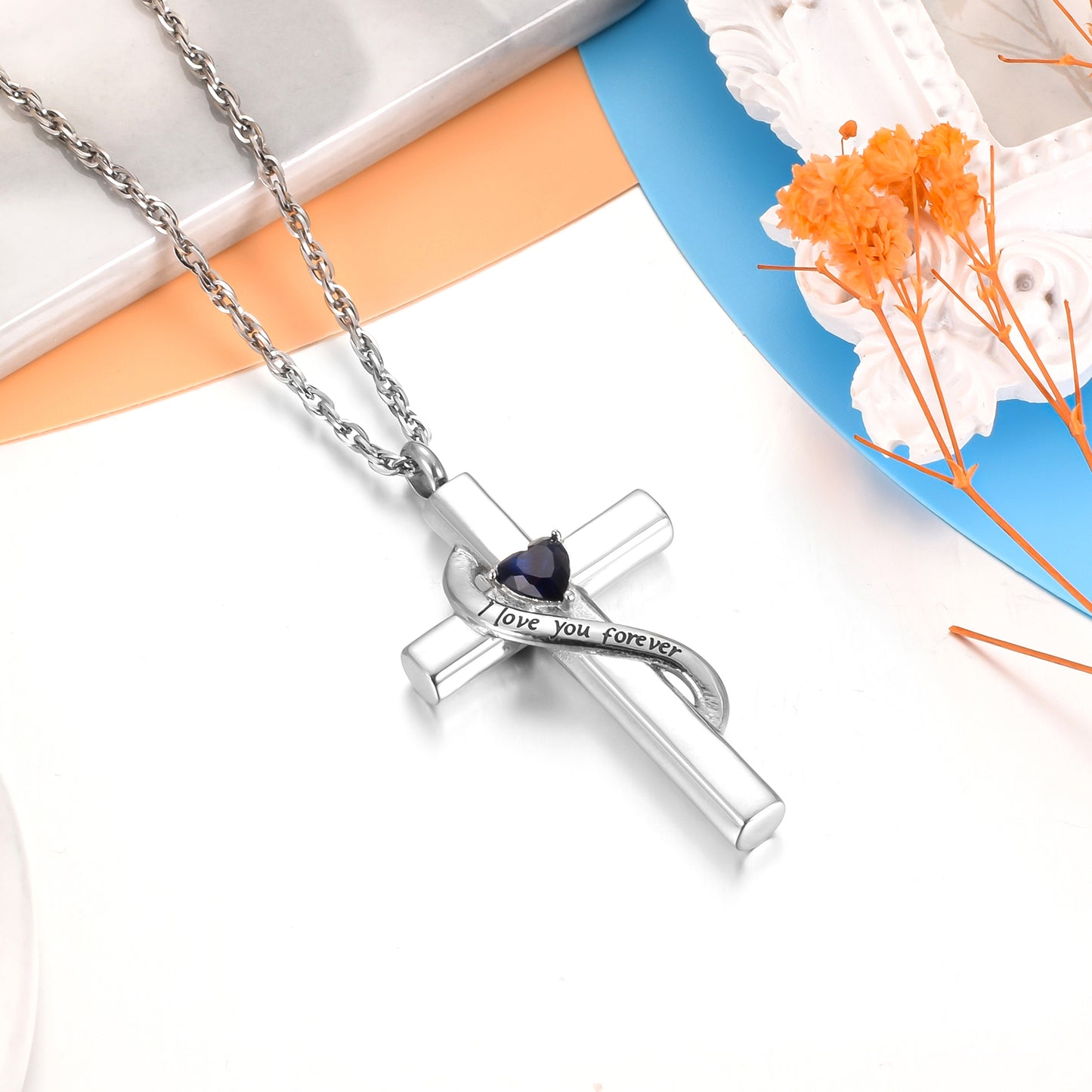 Cross Cremation Pendant with Blue Heart