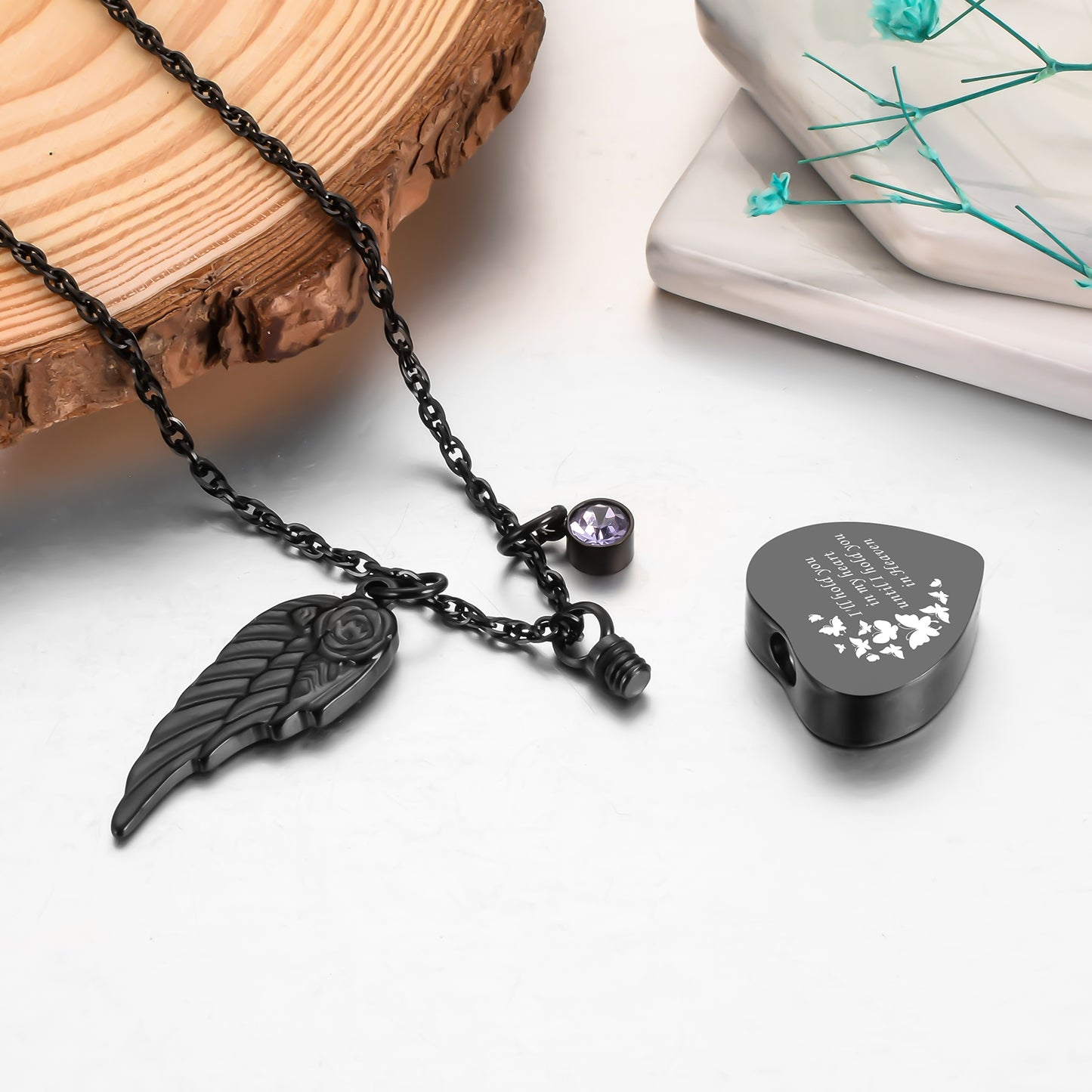 Dark Heart Memorial Necklace with Angel Wing and Crystal