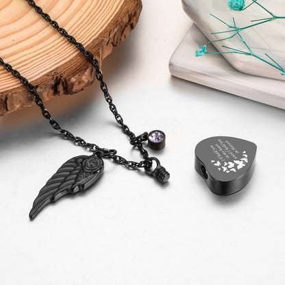 Dark Heart Memorial Necklace with Angel Wing and Crystal