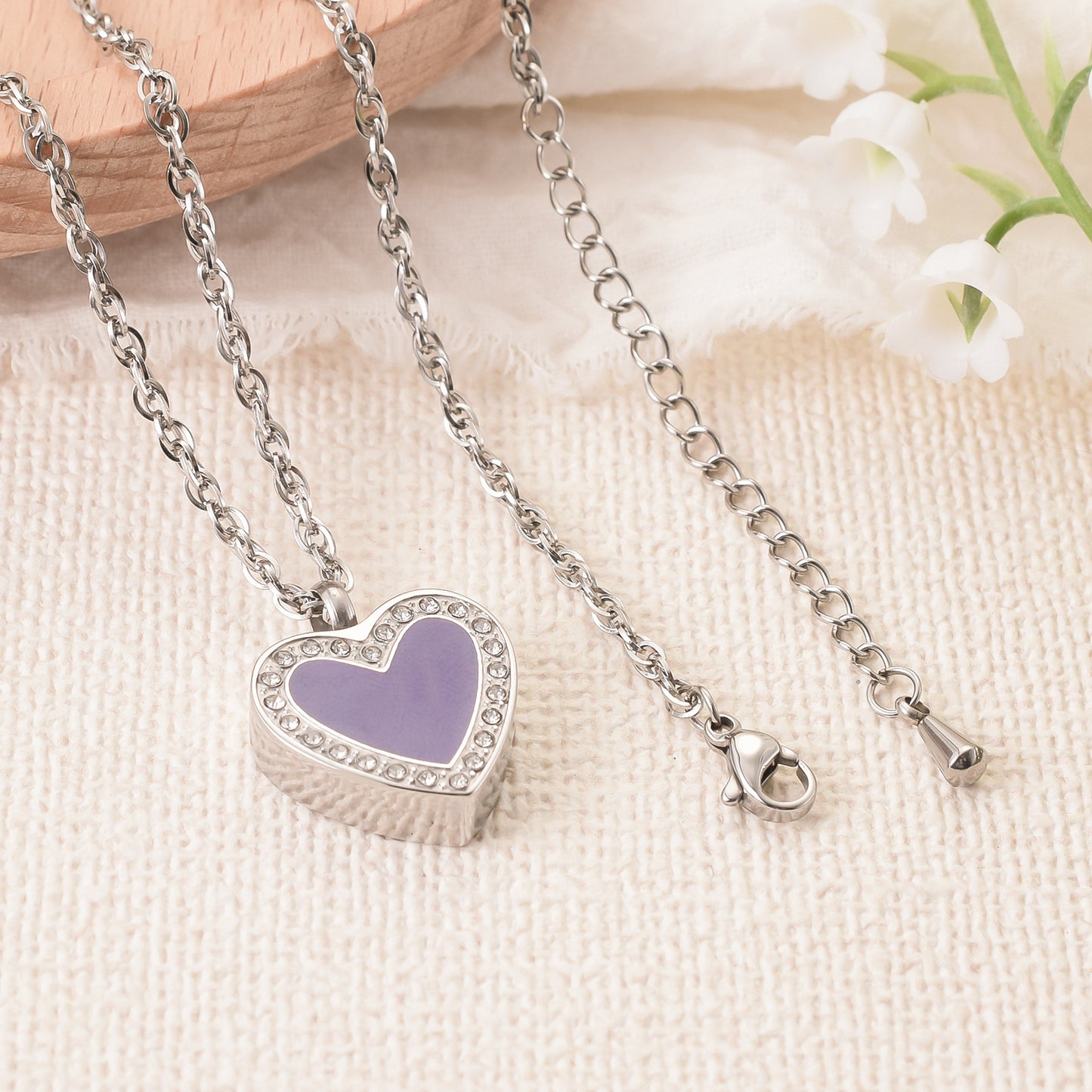 Purple Enamel Rhinestone Heart Memorial Necklace
