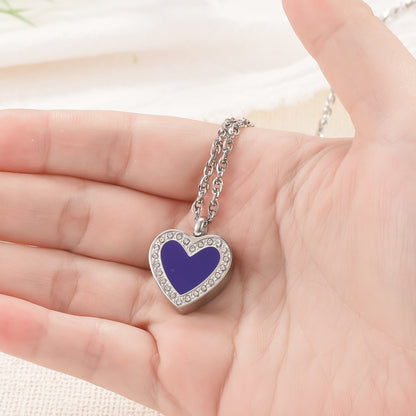 Purple Enamel Rhinestone Heart Memorial Necklace