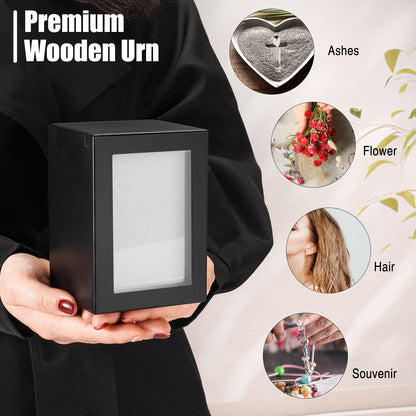 Small Wood Urn with Photo Frame, Black