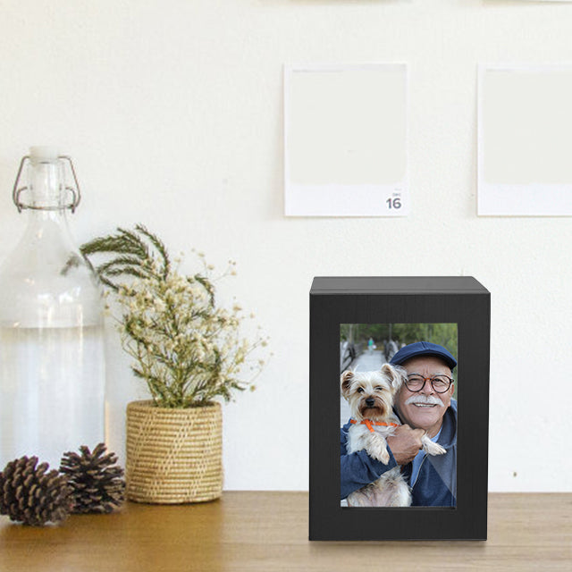 Small Wood Urn with Photo Frame, Black