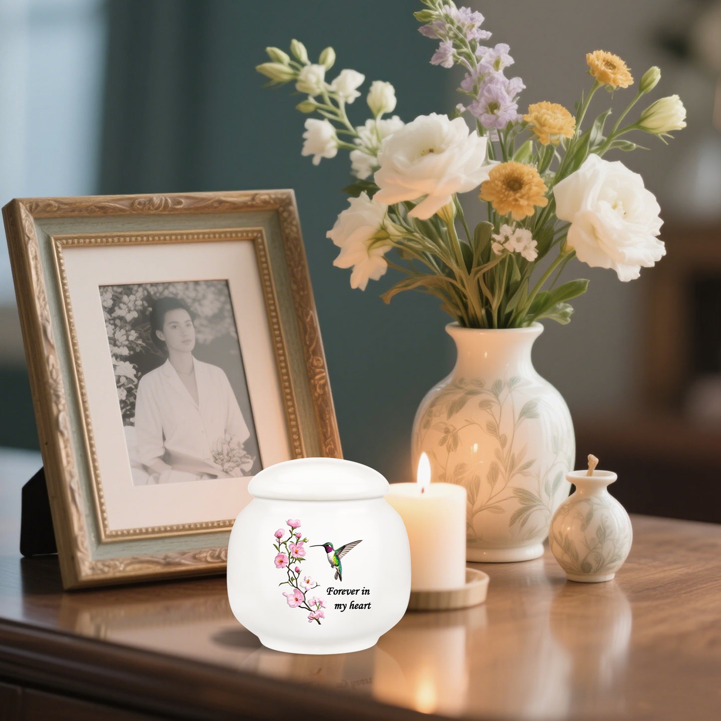 Ceramic Urn for Human Ashes, Flying Bird with Flower