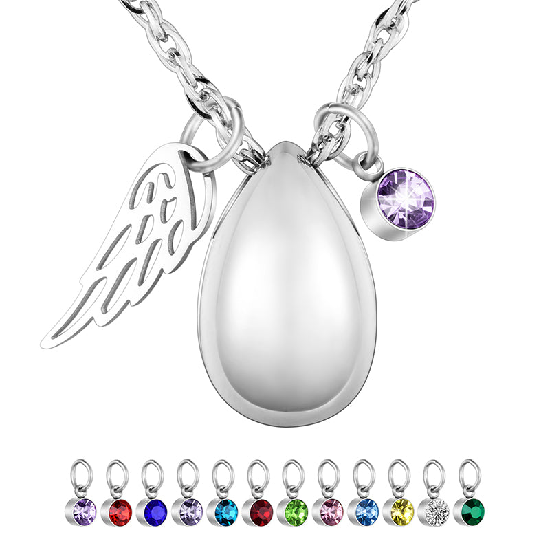 Teardrop Cremation Necklace with Angle Wings