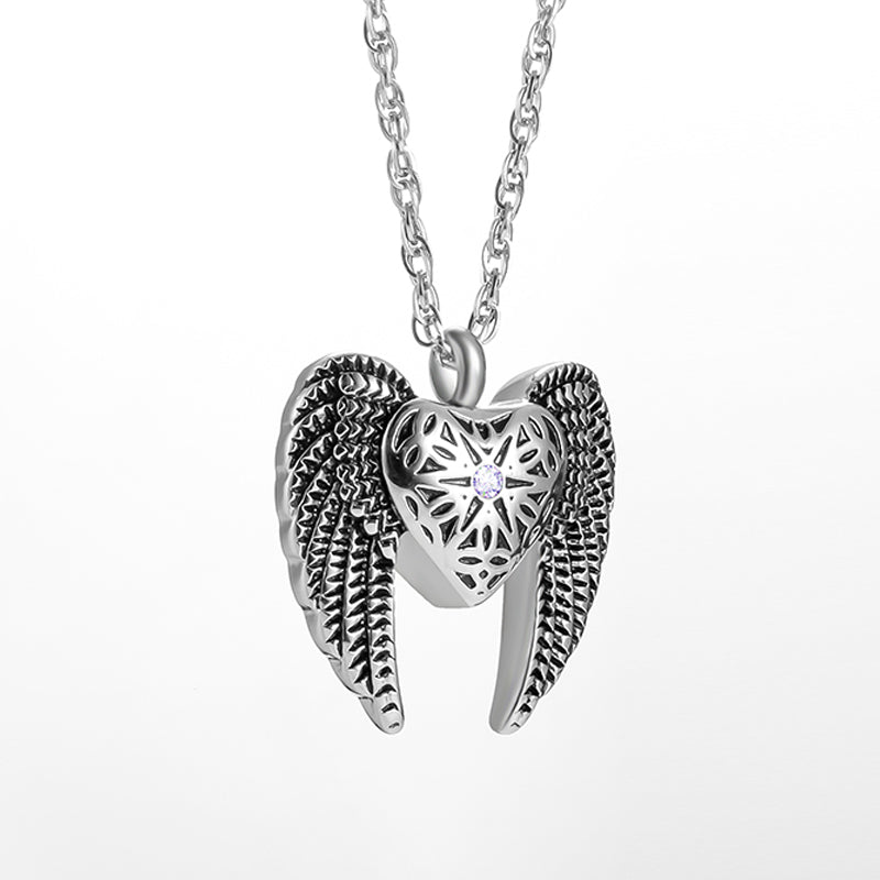 Heart Cremation Necklace with Big Angle Wings