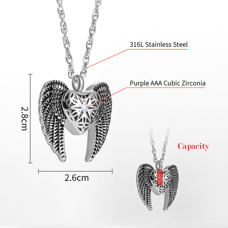Heart Cremation Necklace with Big Angle Wings