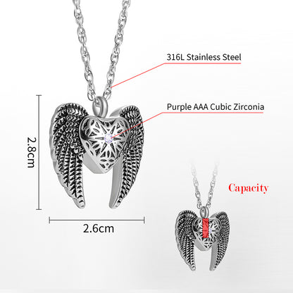 Heart Cremation Necklace with Big Angle Wings