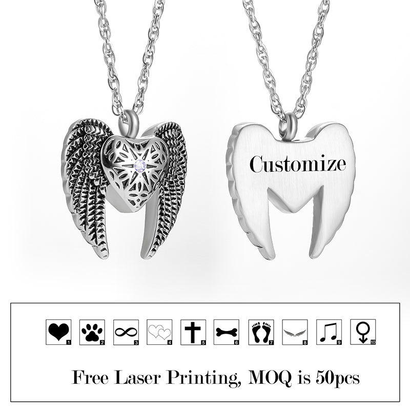 Heart Cremation Necklace with Big Angle Wings