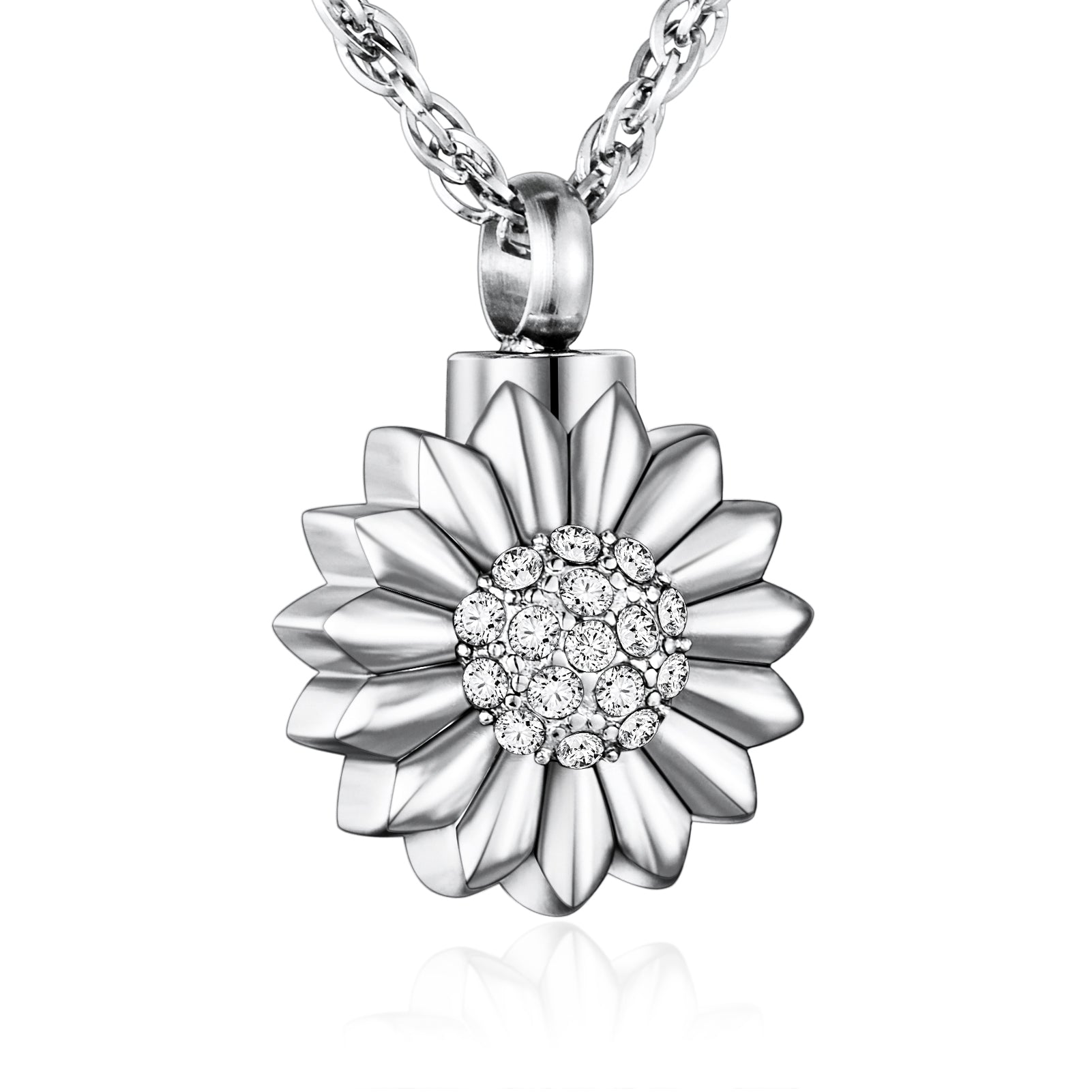 Steel Sunflower Urn Necklace with White Diamond